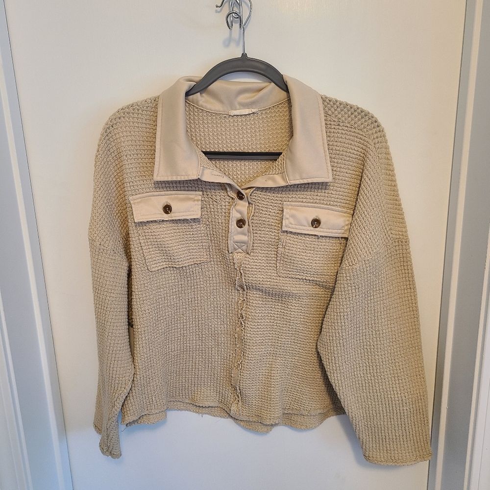 ANDTHEWHY Size Small Crop Top Waffle Knit Acid Washed Collar Pocket